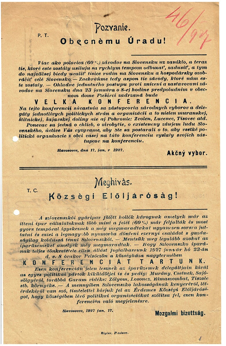 rv Pozvánka na Plešiveckú konferenciu zvolanú za účelom záchrany továrne v Gemerskej Hôrke a Slavošovciach 1