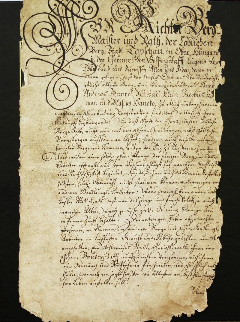 chrono Prvá strana poriadku pre bane a hámre v Dobšinej z roku 1683