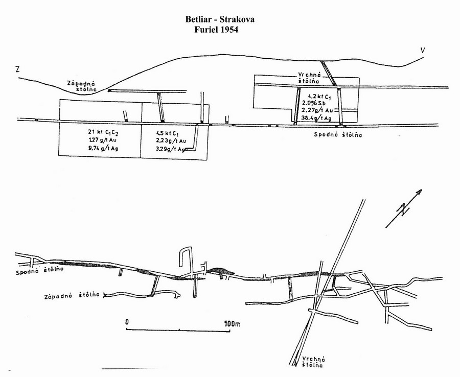  Obr. č. 4: Geologický rez a pôdorys ložiskom Straková, stav k roku 1954.