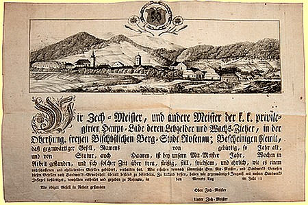 roznava Majstrovský list cechu medovnikárov a voskolejárov s vedutou Rožňavy od Johanna Baumertha 20. roky 19. storočia. Foto Štefan Fábián