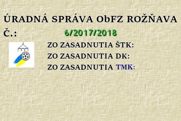 Úradná správa ObFZ Rožňava č. 6/2017/2018