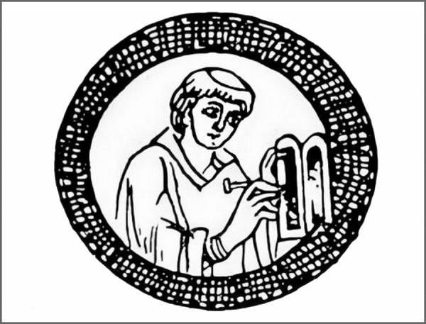 Obr. 3 Mních píšuci stilusom na voskovú tabuľku, Deutsche Handschrift, 12. storočie (podľa Sołtan – Kościelecka 2007)